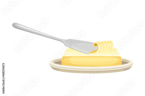 Brick of butter on plate with knife. Natural dairy product, margarine or spread vector illustration