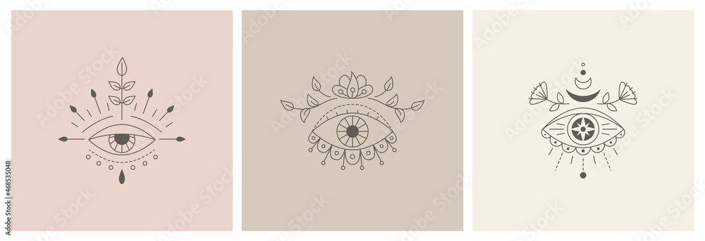 Vector collecton line art mystic eyes tattoo. Social media template providence sight. Evil eye amulet. Esoteric sign