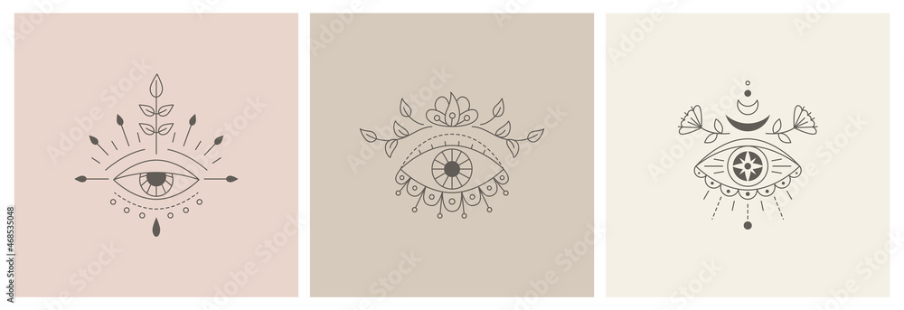 Vector collecton line art mystic eyes tattoo. Social media template providence sight. Evil eye amulet. Esoteric sign Vector collecton line art mystic eyes tattoo. Social media template providence sight. Evil eye amulet. Esoteric sign