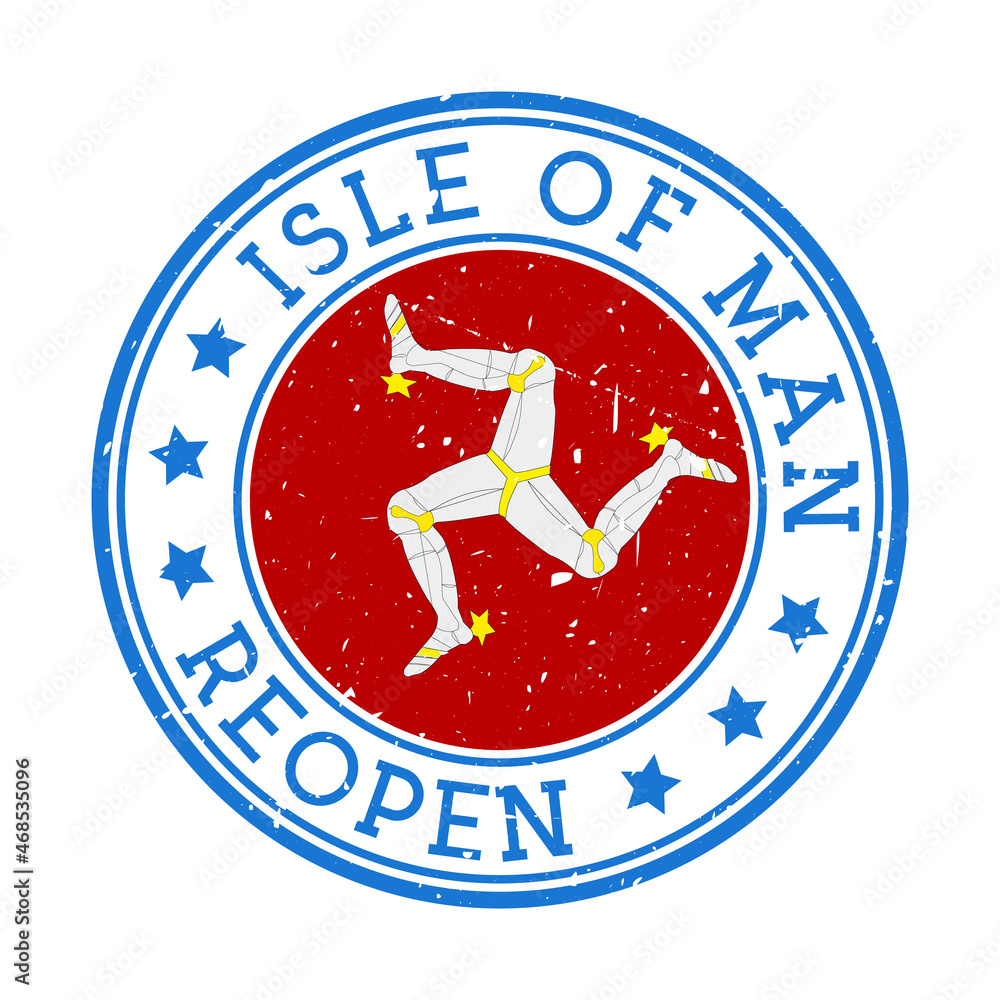 Isle of Man Reopening Stamp. Round badge of the country with the flag of the Isle of Man. Reopening after lockdown sign. Vector illustration. Isle of Man Reopening Stamp. Round badge of the country with the flag of the Isle of Man. Reopening after lockdown sign. Vector illustration.