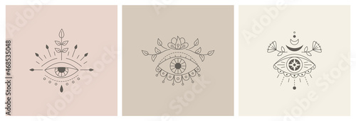 Vector collecton line art mystic eyes tattoo. Social media template providence sight. Evil eye amulet. Esoteric sign