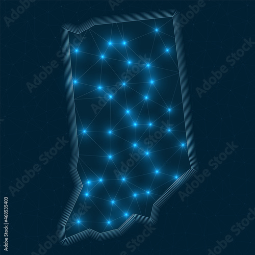 Indiana network map. Abstract geometric map of the US state. Digital connections and telecommunication design. Glowing internet network. Powerful vector illustration.