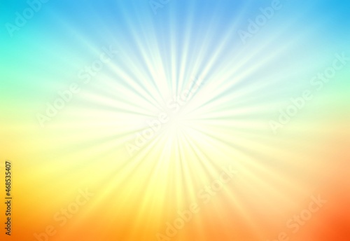 Bright sunshine on blur empty background of yellow blue orange gradient. Tropical natural colors abstract illustration.