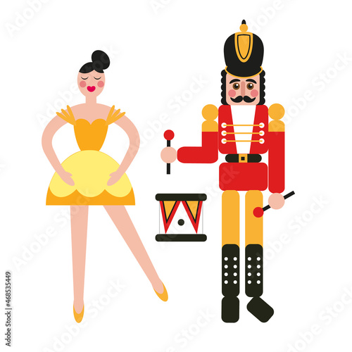 Nutcracker soldier and girl ballerina. Vintage Christmas and New Year toys.
