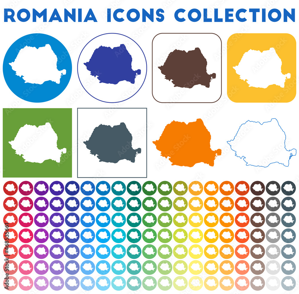 Romania icons collection. Bright colourful trendy map icons. Modern Romania badge with country map. Vector illustration.