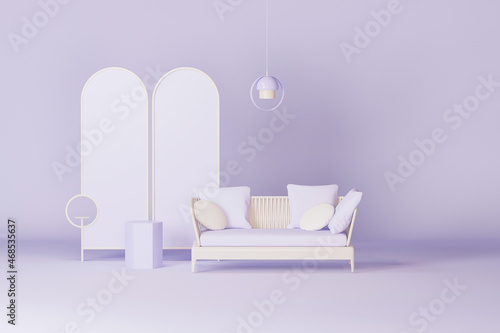 Creative composition. Interior of the room in pastel purple color with furnitures and room accessories. Light background with copy space. 3D render for web page  presentation. Healthy lifestyle