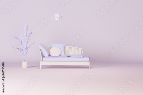 Creative composition. Interior of the room in pastel purple color with furnitures and room accessories. Light background with copy space. 3D render for web page  presentation. Healthy lifestyle