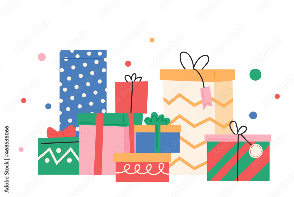 Fototapeta premium Gift boxes with various patterns are piled up. flat design style vector illustration.