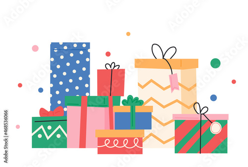 Gift boxes with various patterns are piled up. flat design style vector illustration.