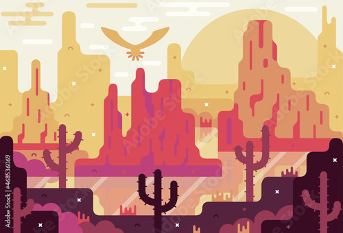 Wallpaper Mural Wild west america scene with sunset in desert with mountains, river and cactus - Vector flat cartoon illustration Torontodigital.ca