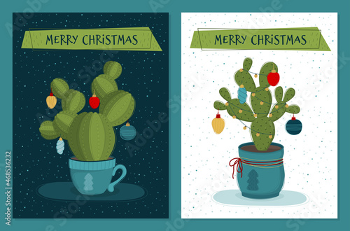 Christmas cactus decorated with balls. Vector Christmas and new year card template for your design