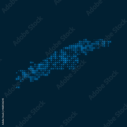 Hydra dotted glowing map. Shape of the island with blue bright bulbs. Vector illustration.