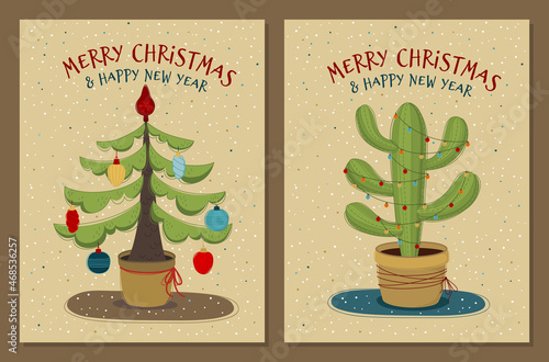 Christmas tree and Christmas cactus - Christmas vector illustration, card, banner, poster, print