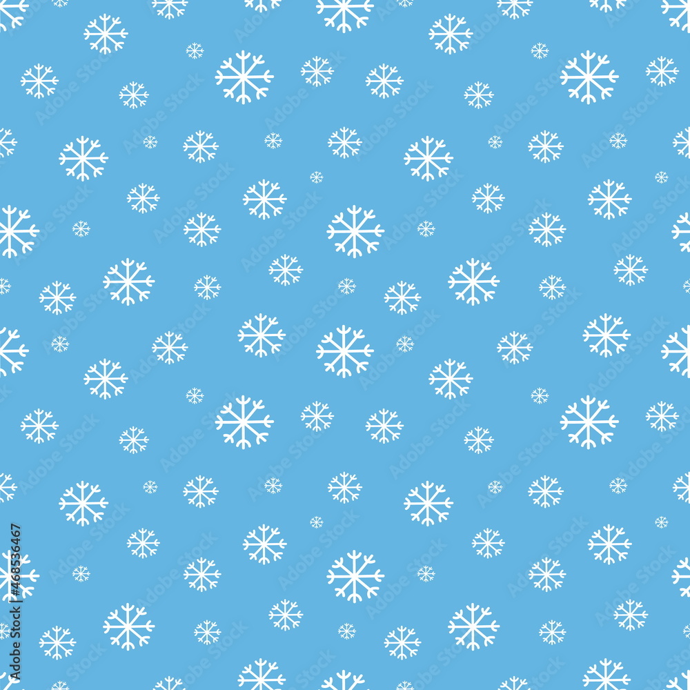 Snowflakes vector seamless pattern. Cute winter blue background with white snow. Flat abstract hand drawn print