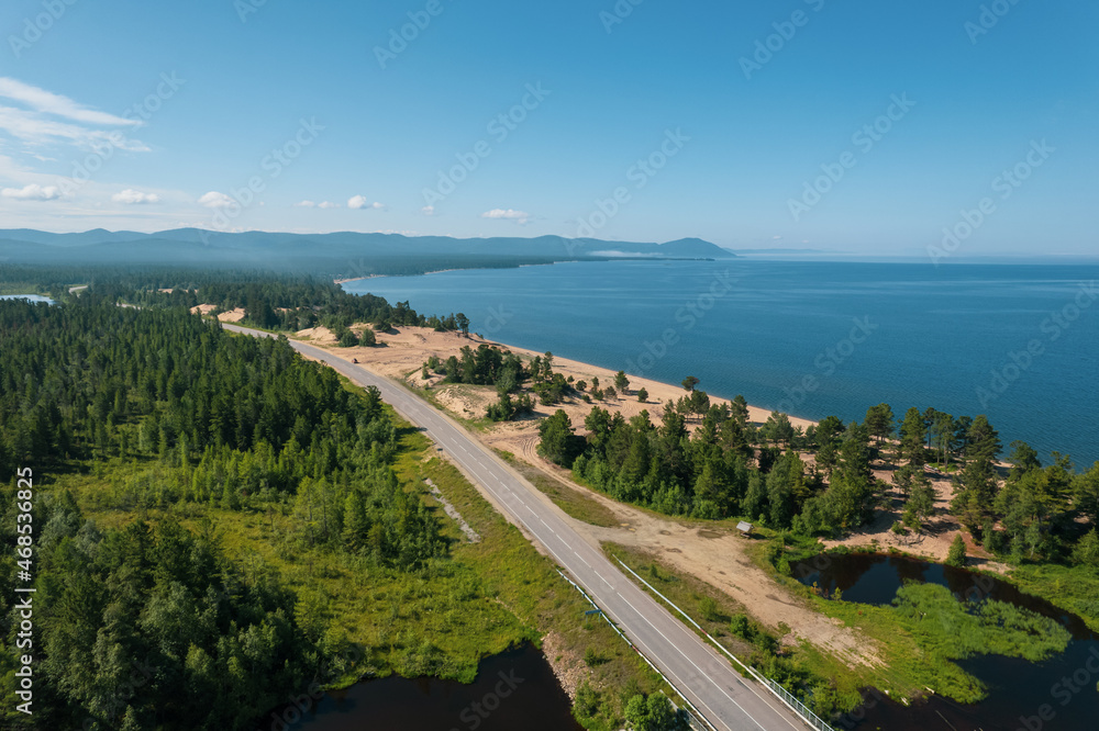 Summertime imagery of Lake Baikal is a rift lake located in southern Siberia, Russia. Baikal lake summer landscape view. Drone's Eye View.