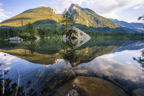 Hintersee Lake with reflection of Watzmann mountain peaks. Ramsau Berchtesgaden Bavaria, Germany, Europe © Igor Tichonow