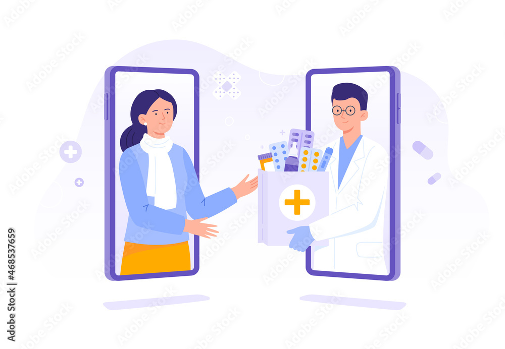 A pharmacist gives an order with drugs to a customer. Medical treatment. Online pharmacy, delivery drugs, prescription medicines order. Vector flat illustration. A pharmacist gives an order with drugs to a customer. Medical treatment. Online pharmacy, delivery drugs, prescription medicines order. Vector flat illustration.