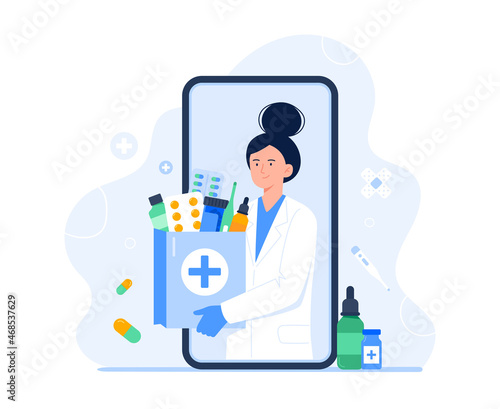 Smartphone screen with a female pharmacist with a bag of medication. Medical treatment. Online pharmacy, delivery drugs, prescription medicines. Vector flat illustration.