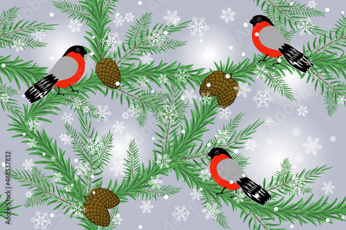 bullfinches on a tree under a snowfall - seamless vector pattern
