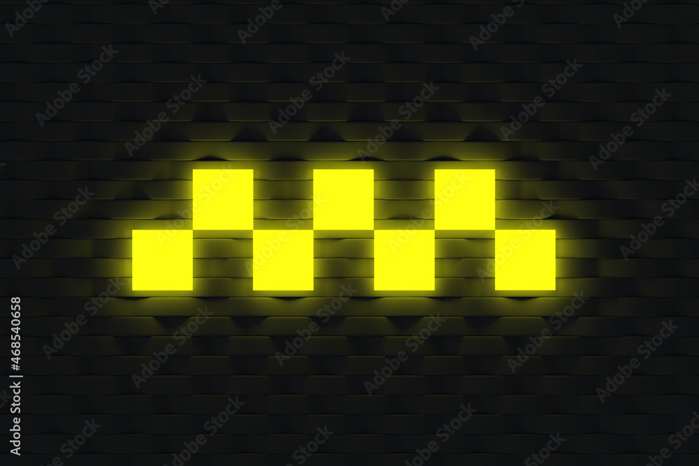 Glowing sign of taxi on dark wall. Neon effect. Provision of passenger transportation services. Popular work. Simple employment. Travel method. 3d render Glowing sign of taxi on dark wall. Neon effect. Provision of passenger transportation services. Popular work. Simple employment. Travel method. 3d render