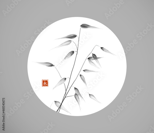 Wild meadow grass in white circle on grey background. Traditional oriental ink painting sumi-e, u-sin, go-hua in minimalist style. Translation of hieroglyph - eternity