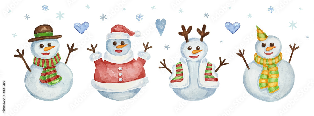 Fototapeta premium Cute Snowman set isolated on white background, hand drawn in watercolor