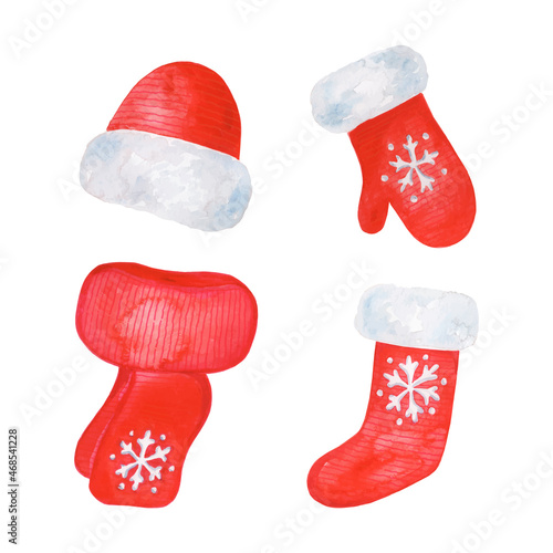 Santa clothes Christmas collection isolated on white background, hand painted red gloves hat socks and scarf in watercolor