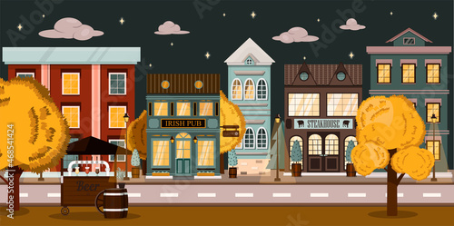 Vector night street with restaurant, bar shop, houses and a food cart. Cartoon illustration with a road and park The background is in a flat style. European city in autumn