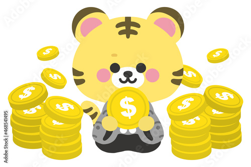 着物を着てドルマークコインを持つトラ。ベクターイラスト。寅年、正月のクリップアート。