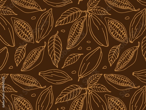 Seamless pattern with cocoa beans and leaves. Chocolate cocoa beans. Hand drawn vector line art sketch. Organic product Background for farmer market, restaurant menu, wallpaper, wrapping, packing.