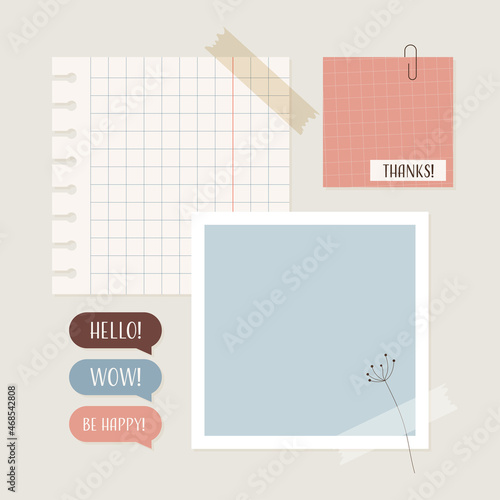 Cute memo template A collection of striped notes blank notebooks and torn notes used in a diary
