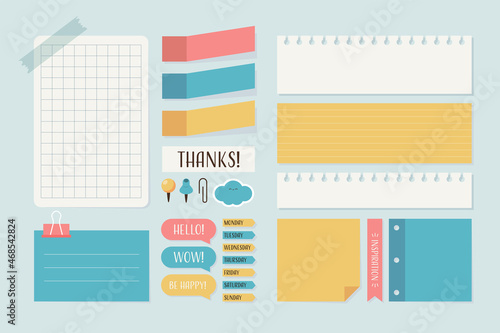 Cute memo template A collection of striped notes blank notebooks and torn notes used in a diary
