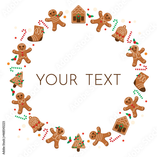 Noël Xmas Gingerbread bonhomme pain d'épices couronne cercle texte illustration mignon biscuit cookie cuisine douceur