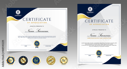 Certificate of appreciation template, gold and blue color. Clean modern certificate with gold badge. Certificate border template with luxury and modern line pattern. Diploma vector template
