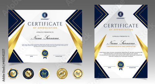 Certificate of appreciation template, gold and blue color. Clean modern certificate with gold badge. Certificate border template with luxury and modern line pattern. Diploma vector template
