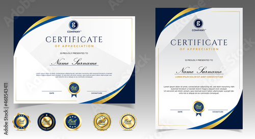 Certificate of appreciation template, gold and blue color. Clean modern certificate with gold badge. Certificate border template with luxury and modern line pattern. Diploma vector template
