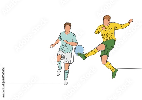 Fototapeta Naklejka Na Ścianę i Meble -  One continuous line drawing of young energetic football player doing ball clearance to keep his area safe from opponent attack. Soccer match sports concept. Single line draw design vector illustration