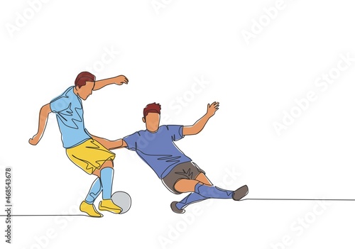 Single continuous line drawing of young energetic football player sliding opponent player when he wants to dribbling pass him. Soccer match sports concept. One line draw design vector illustration