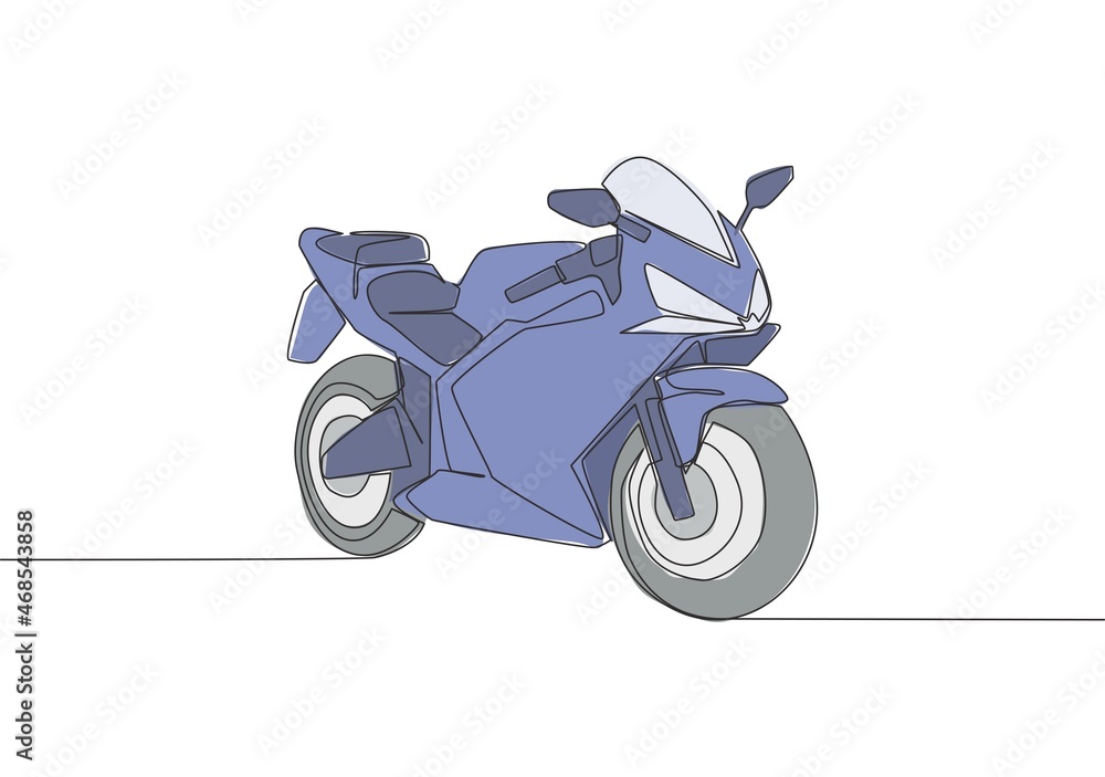 Obraz premium One continuous line drawing of luxury sporty motorbike for racing logo. Big sport motorcycle concept. Single line draw design vector illustration