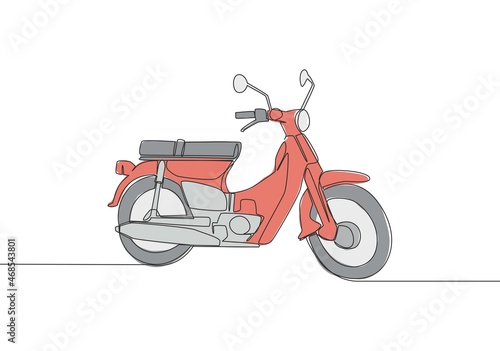 One continuous line drawing of old classic Asian underbone motorbike logo. Vintage motorcycle concept. Single line draw design vector illustration