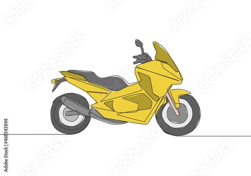 One continuous line drawing of trendy elegant Asian underbone motorbike logo. City motorcycle concept. Single line draw design vector illustration