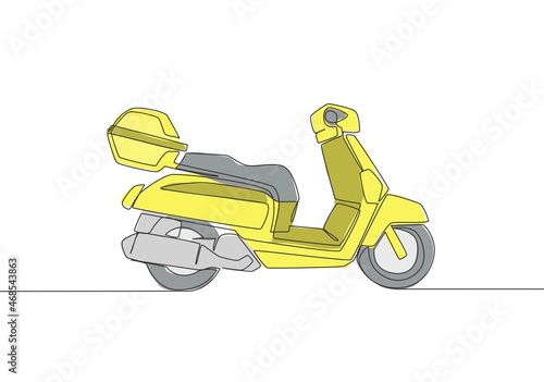 Single continuous line drawing of courier delivery service motorbike logo. Scooter motorcycle concept. One line draw design vector illustration