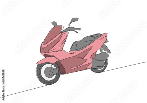 Single continuous line drawing of trendy luxury Asian underbone motorbike logo. Automatic scooter motorcycle concept. One line draw design vector illustration