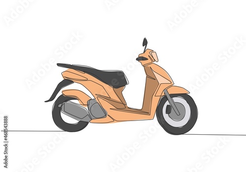 Single continuous line drawing of classic Asian underbone motorbike logo. Vintage scooter motorcycle concept. One line draw design vector illustration