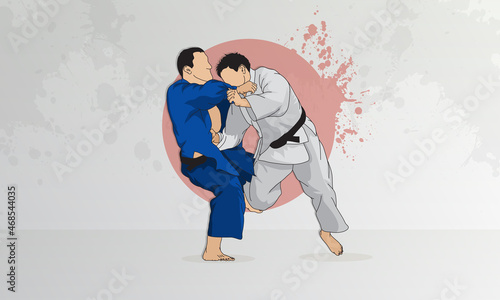 The confrontation of two men in judo wrestling. Abstract background