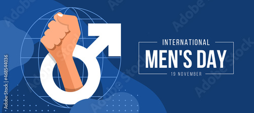 international men's day - Raised Hand in male sign on line global world sign and abstract curve blue background vector design