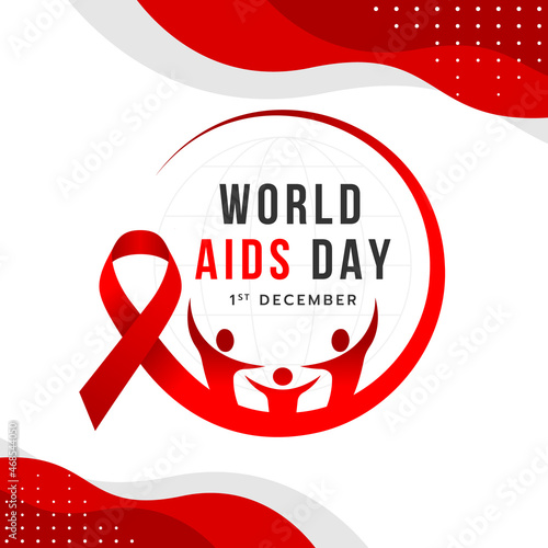 World aids day text and global world sign in red ribbon awareness sign made around circle frame on abstract curve texture background vector design
