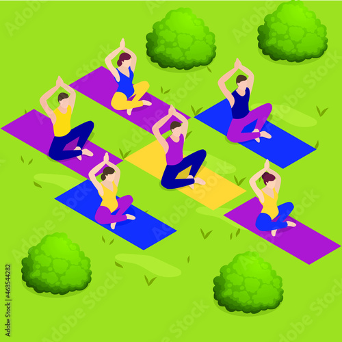 Meditation class outdoor 3d isometric vector illustration concept for banner, website, landing page, ads, flyer template