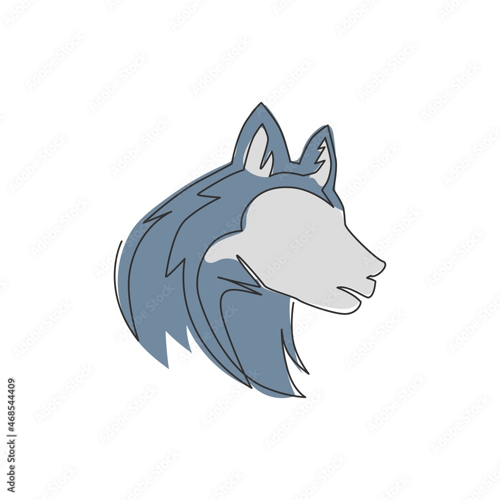 One continuous line drawing of simple cute siberian husky puppy dog head icon. Mammals animal logo emblem vector concept. Modern single line draw graphic design illustration One continuous line drawing of simple cute siberian husky puppy dog head icon. Mammals animal logo emblem vector concept. Modern single line draw graphic design illustration