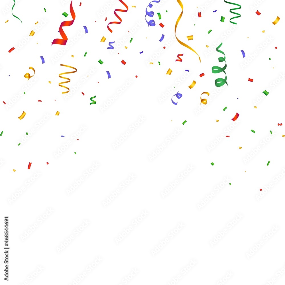 Confetti vector illustration for birthday background. Party elements, falling colorful confetti. Red, green, golden, blue, purple confetti on transparent background. Birthday, anniversary, wedding.